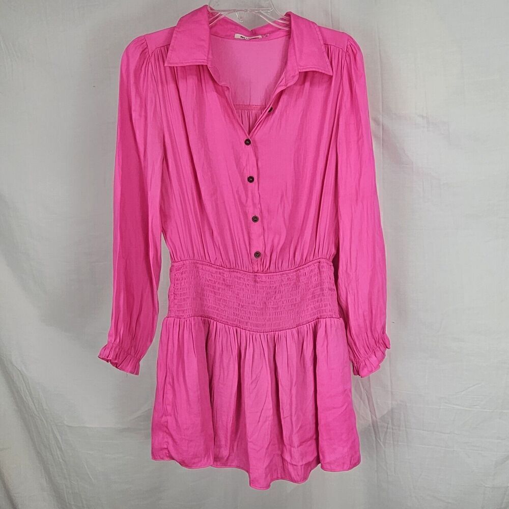 Day + Moon Neon Pink Long Sleeve Button Up Drop Waist Romper Dress Women's Sz S